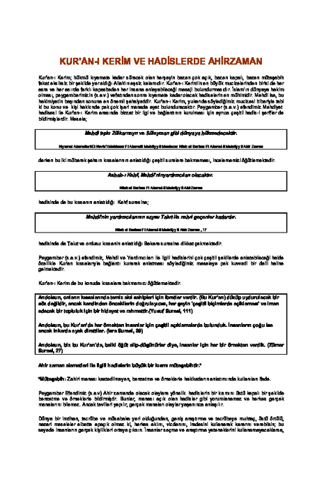 Kuranı Kerim ve Hadislerde Ahir Zaman
